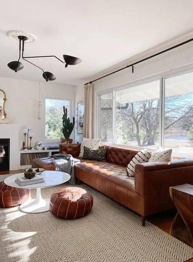 Sunlit Brown Leather Living Room