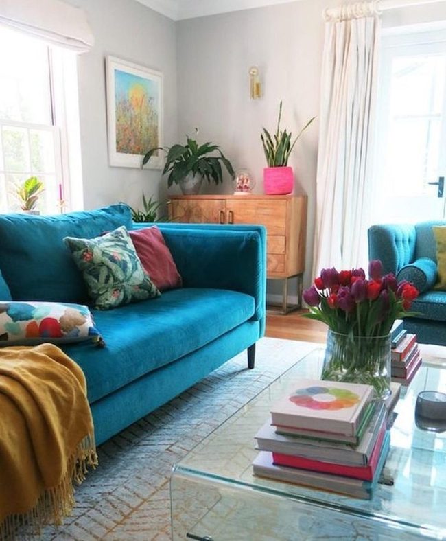 Blue Sofas, Natural Light, Red Tulips