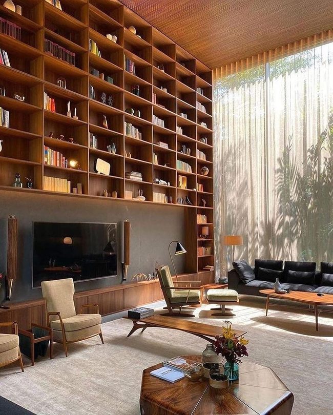 Towering Wood Shelves, Modern Comfort