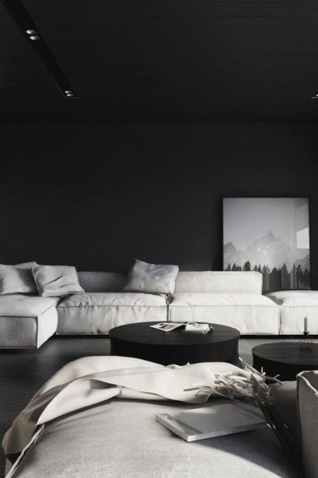 White Sectional Dark Walls Contrast