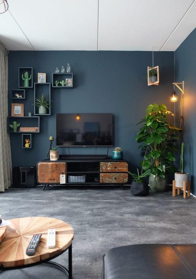 Blue Walls Wooden Tv Stand