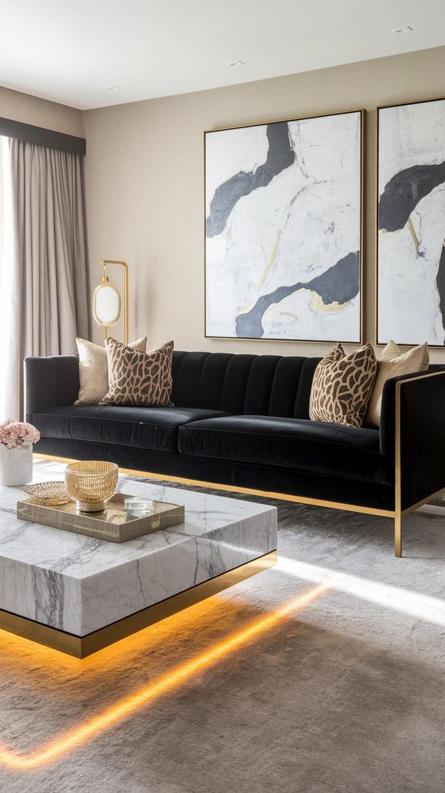 Velvet Sofa With Gold Accents