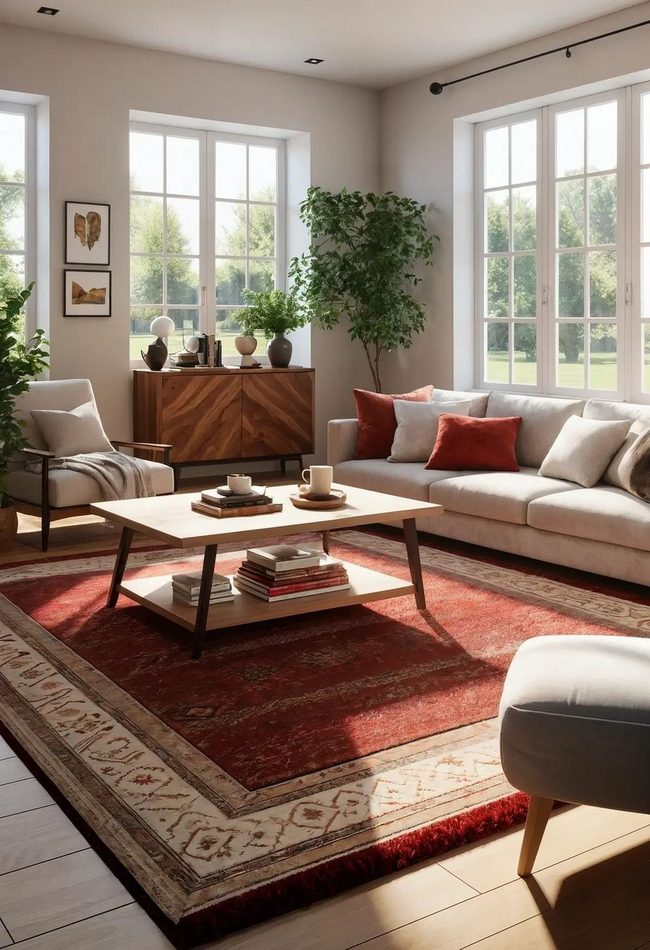 Red Rug Layering With Neutral Accents