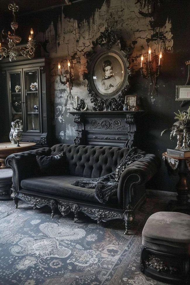 Black Tufted Sofa with Distressed Walls
