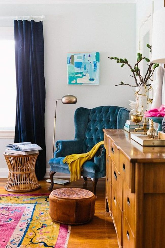 Blue Tufted Chair Yellow Throw