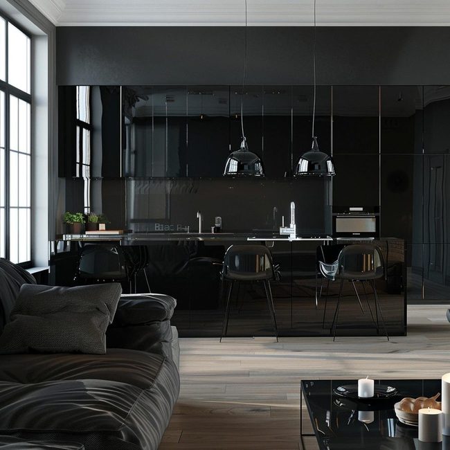 Jet Black Cabinets With Shine