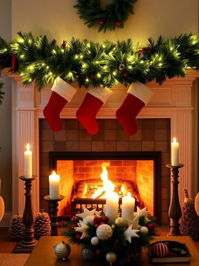 Fireplace Stockings and Glowing Candles