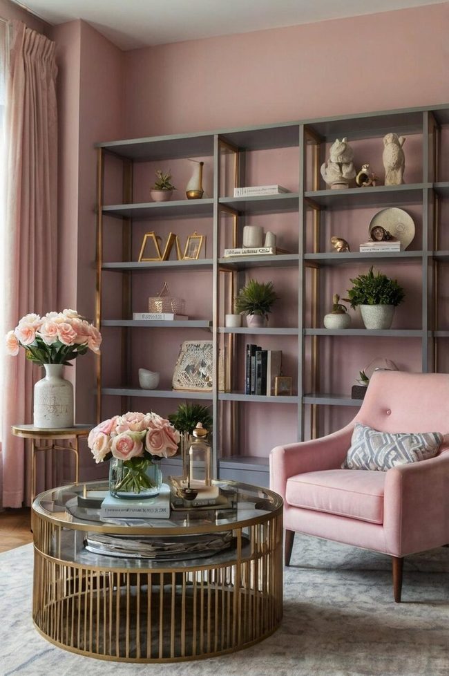 Baby Pink Shelving Against Gray Walls