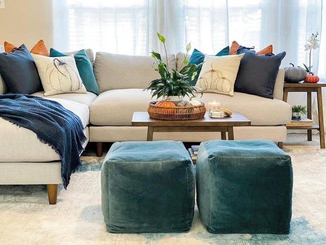 Blue Poufs Orange Pillow Balance