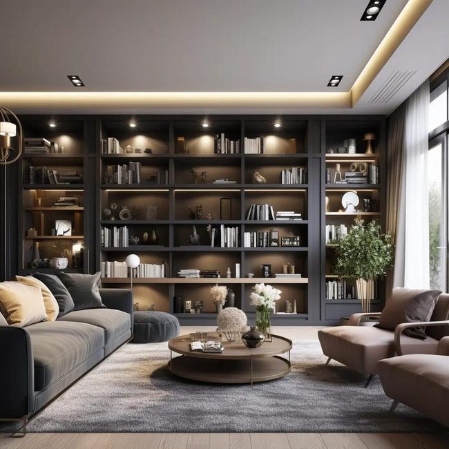 Floor-To-Ceiling Earthy Timber Bookshelves