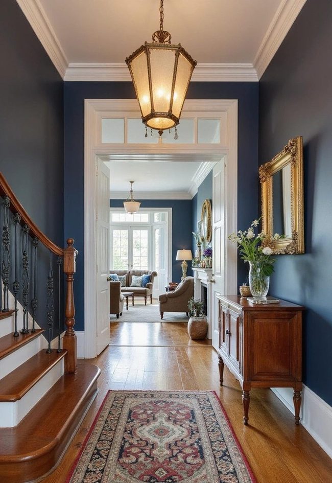 Navy Foyer With Vintage Staircase Runner