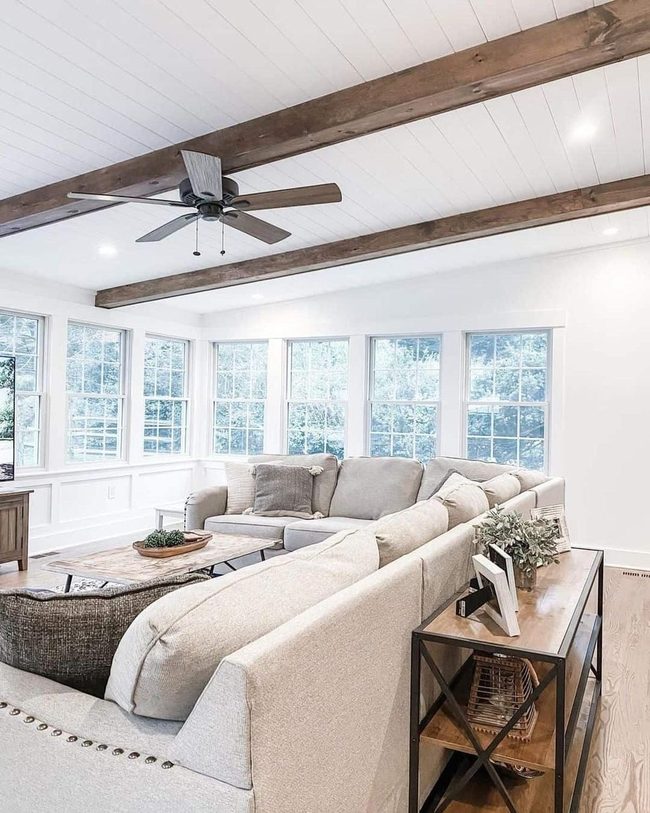 White Shiplap Ceiling With Exposed Beams