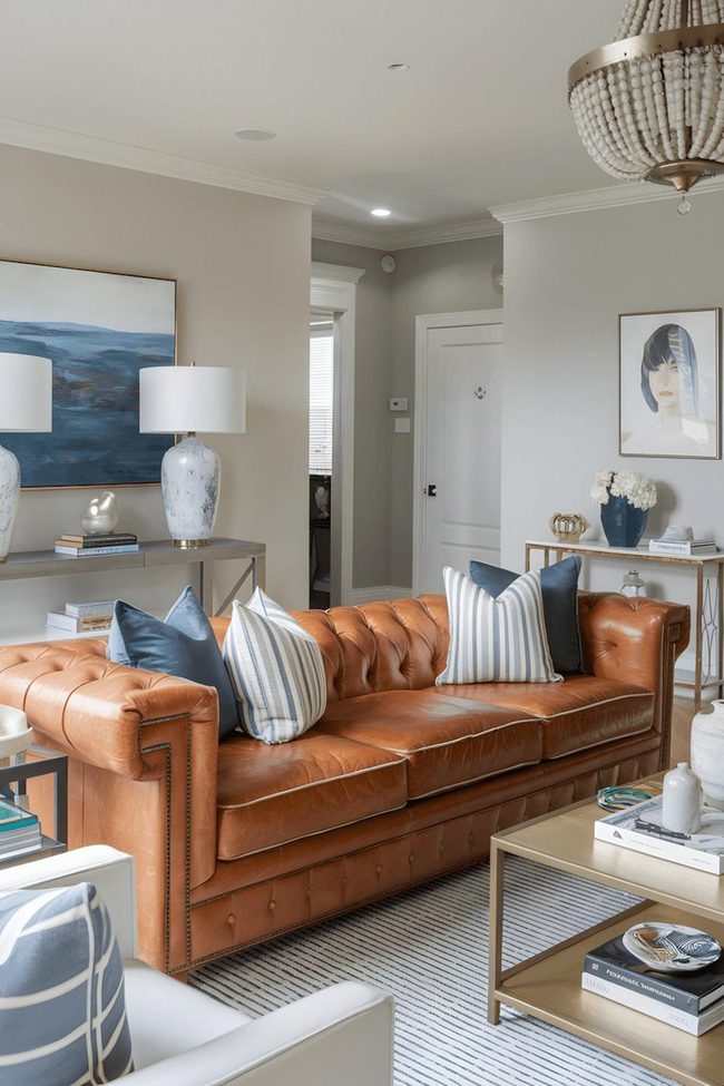 Brown Leather Sofa With Blue Patterned Accents