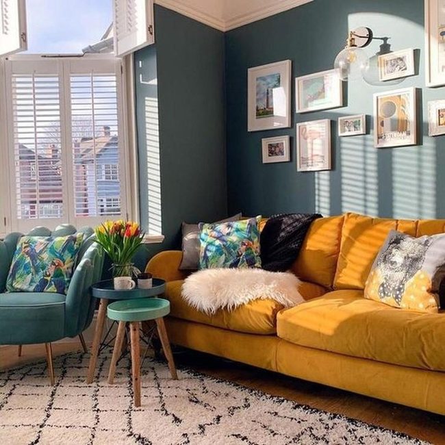 Mustard Yellow Sofa, Forest Green Walls