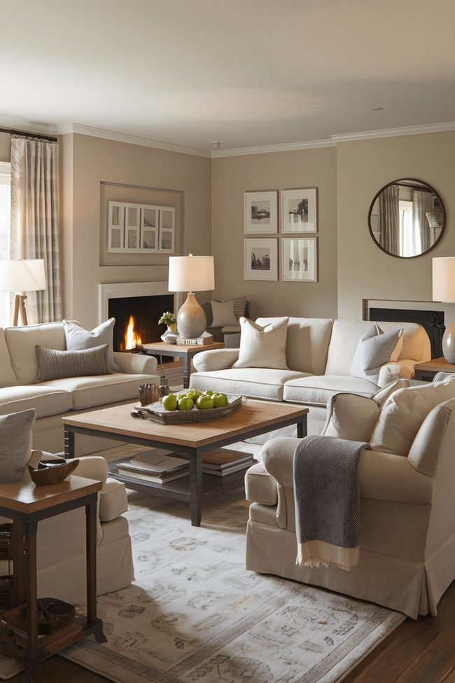 Beige Living Room With Fireplace Warmth