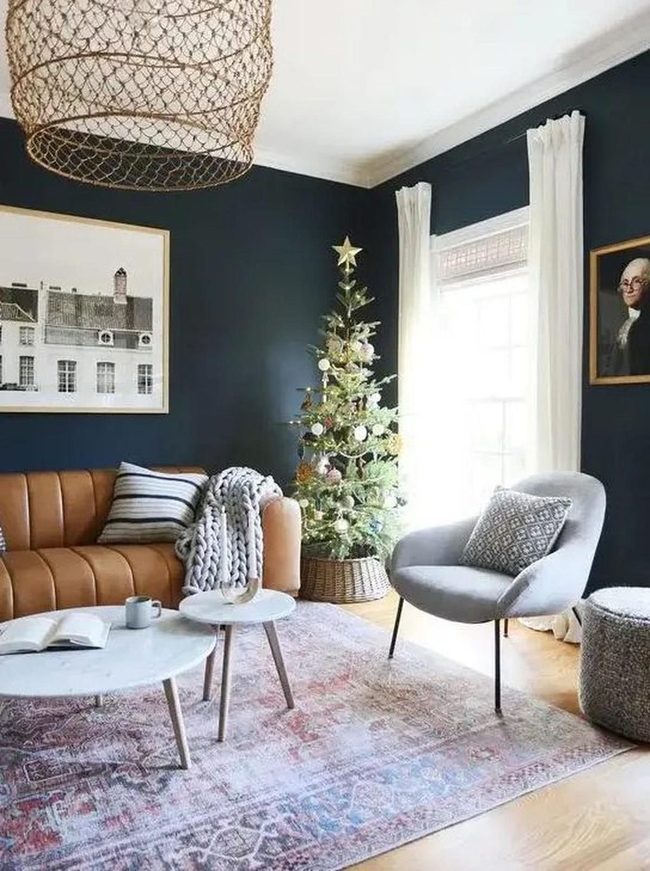 Blue Walls, Sparkling Tree, Brown Leather