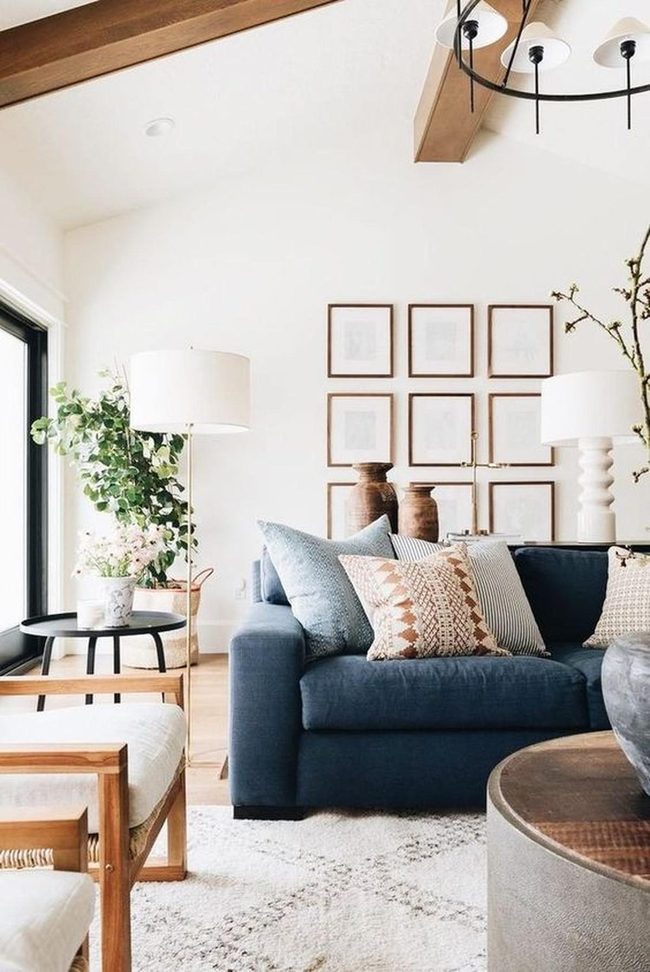 Dark Blue Sofas, Natural Wood Warmth