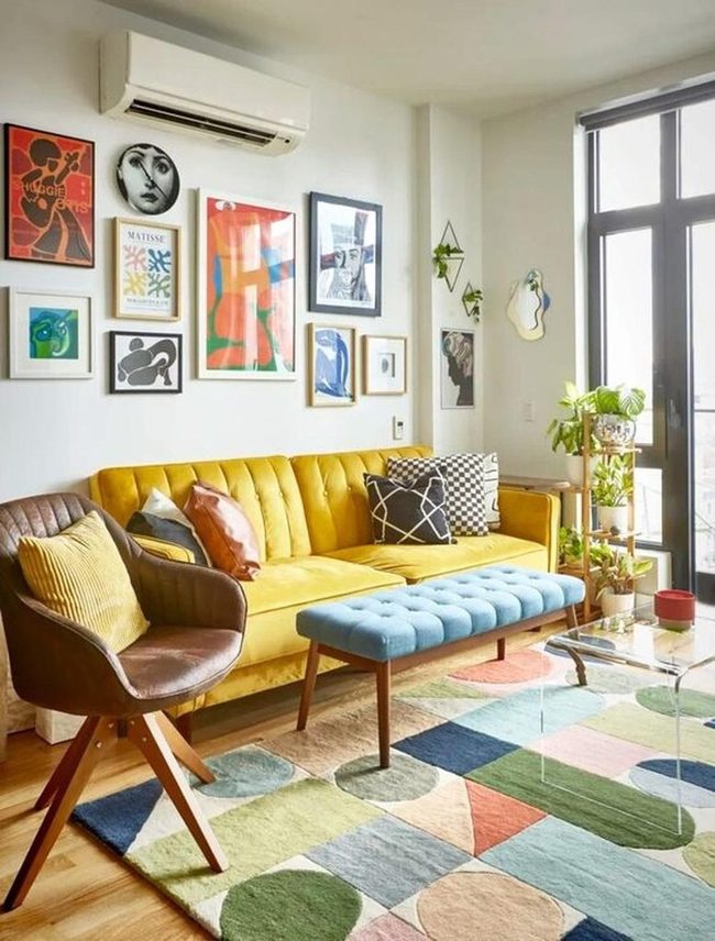 Sunshine Yellow Couches And Patterned Rugs