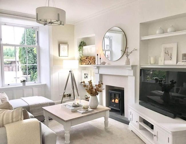 Beige Fireplace With Modern Gray Seating