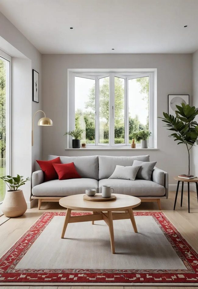 Red Rug Anchors Minimal Scandinavian Space