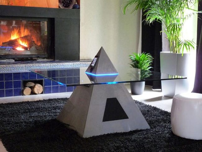 Glass Tables, Fireplace, And Emerald Plants