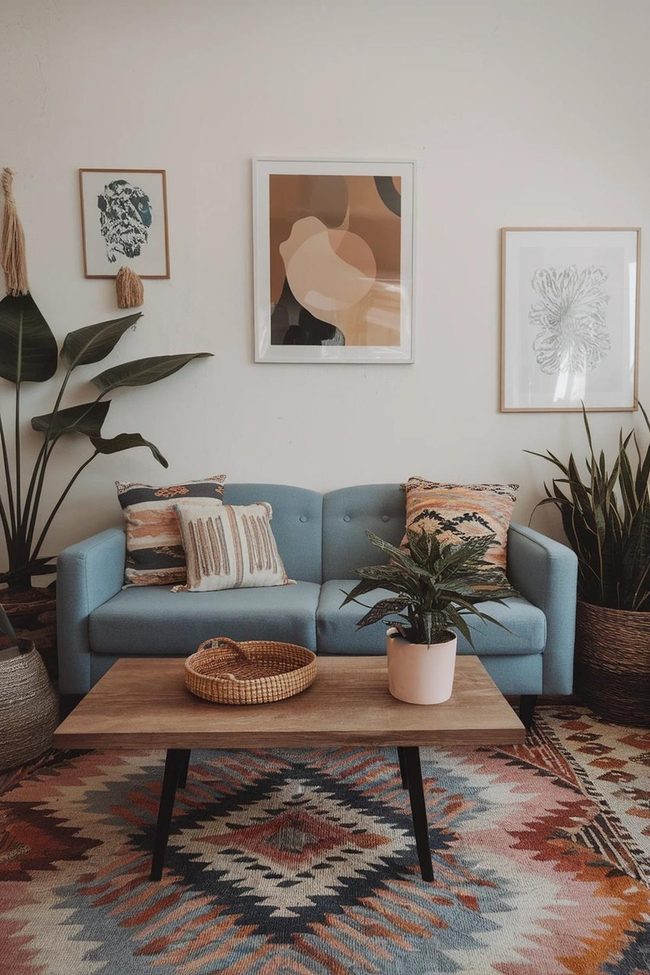 Blue Couch Meets Woven Patterns