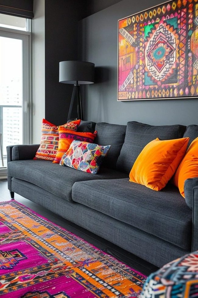 Dark Grey Couch, Colorful Accents