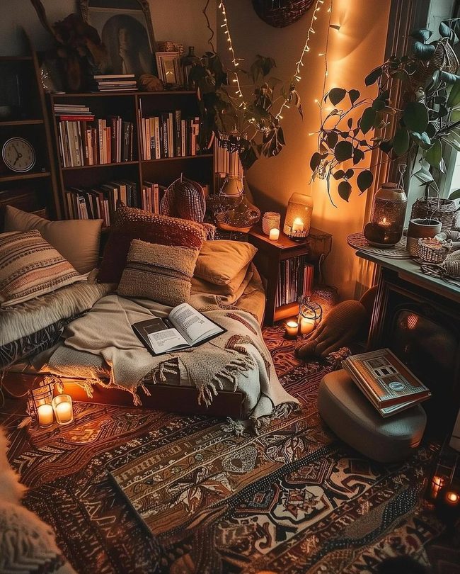 Candlelit Books And Layered Comfort