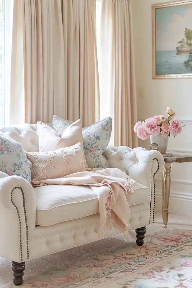 Tufted Pink Loveseat In Sunlit Room