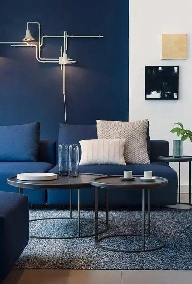 Deep Blue Living Room With Industrial Light