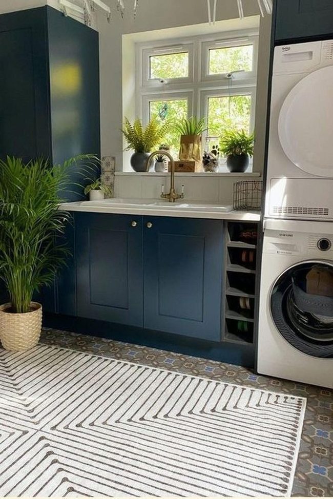 Deep Blue Laundry Room With Living Plants