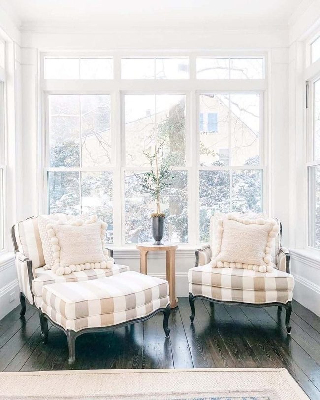 Checkered Chairs, Sunlit Wooden Comfort