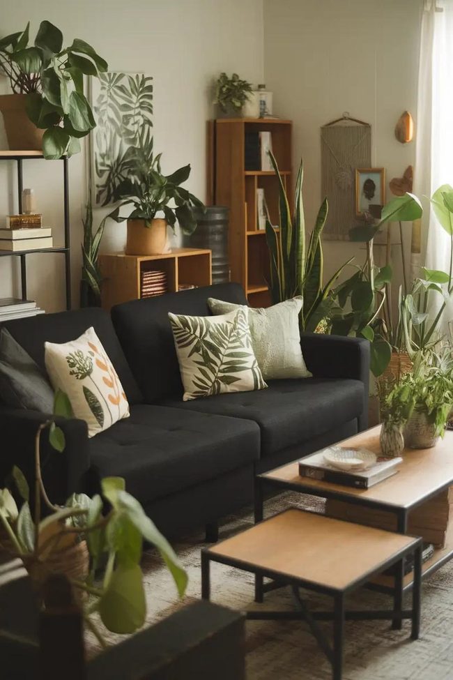 Black Couch, Lush Plant Contrast