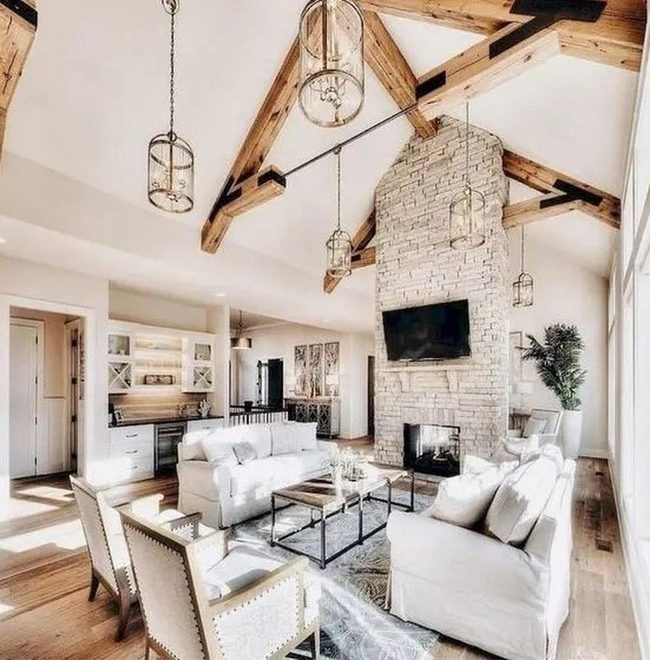 Wooden Beams Meet Stone Fireplace