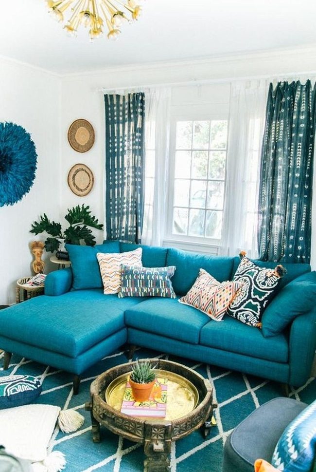 Blue Sectional With Patterned Details