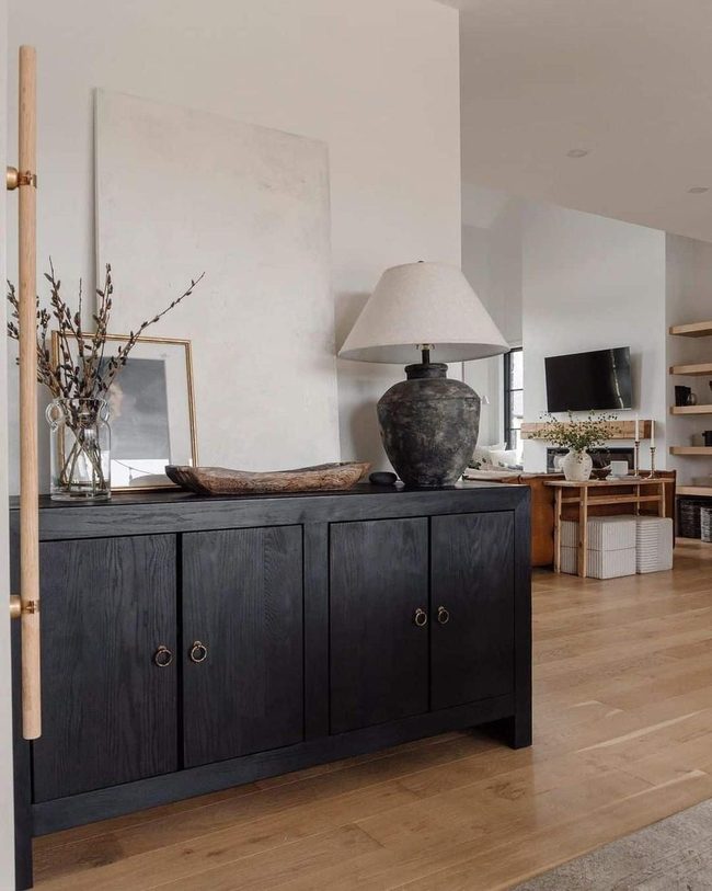 Grey Lamps Bronze Pulls Wood Sideboard