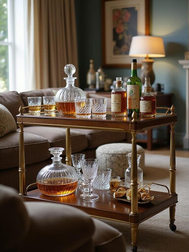 Brass And Glass Wheeled Bar Cart
