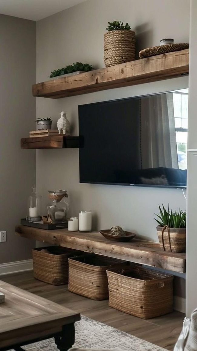Natural Wood Shelves, Hidden Screen