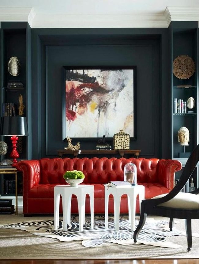 Red Leather Sofa Navy Walls Statement
