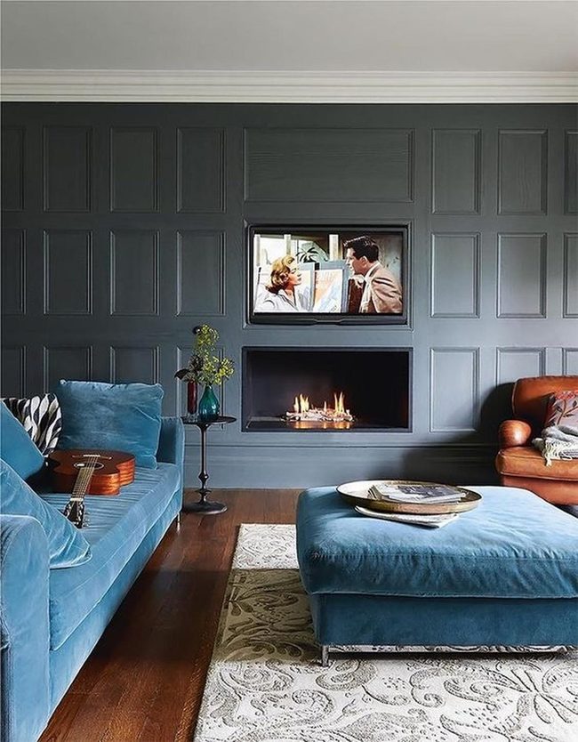 Blue Velvet Fireplace Gathering Space