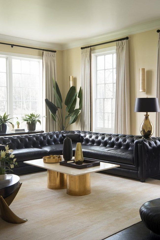 Black Leather Gold Accents Living