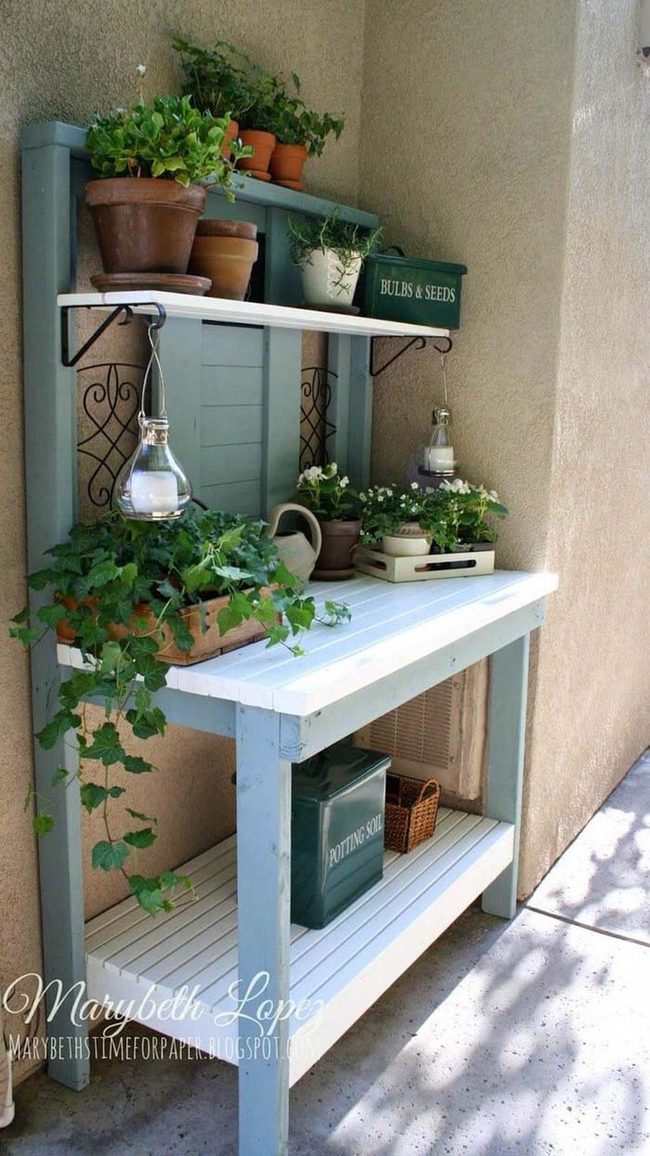 White Potting Bench With Teal Accents