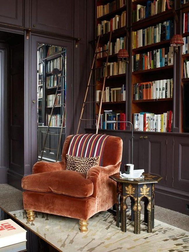 Rust Armchairs Dark Purple Walls