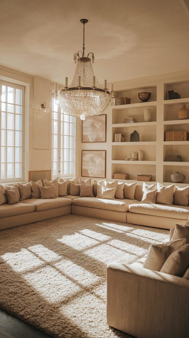 Chandelier Anchors Spacious Living Rooms