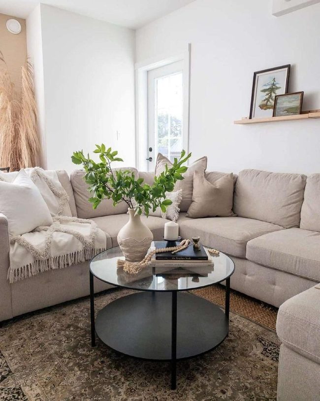 Beige Sectional With Black Metal And Living Green