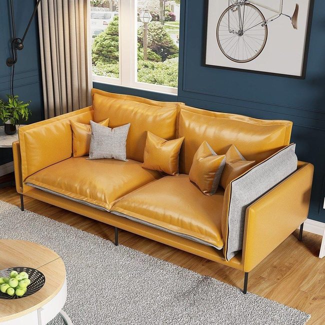Mustard Leather Sofa Deep Blue Statement