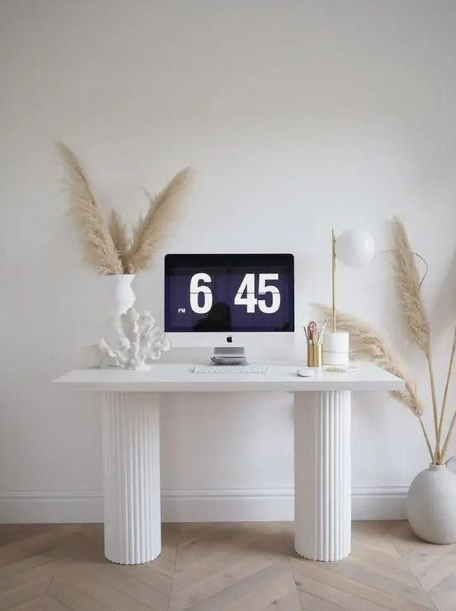 White Workspace With Warm Wood Herringbone