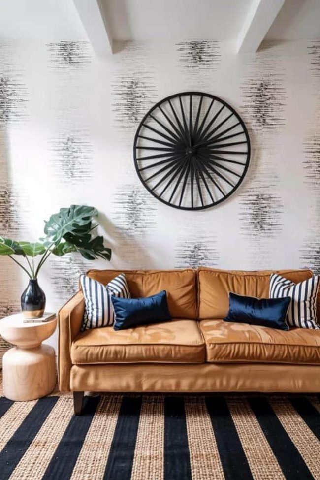Gold Sofa With Striped Pillow Accents