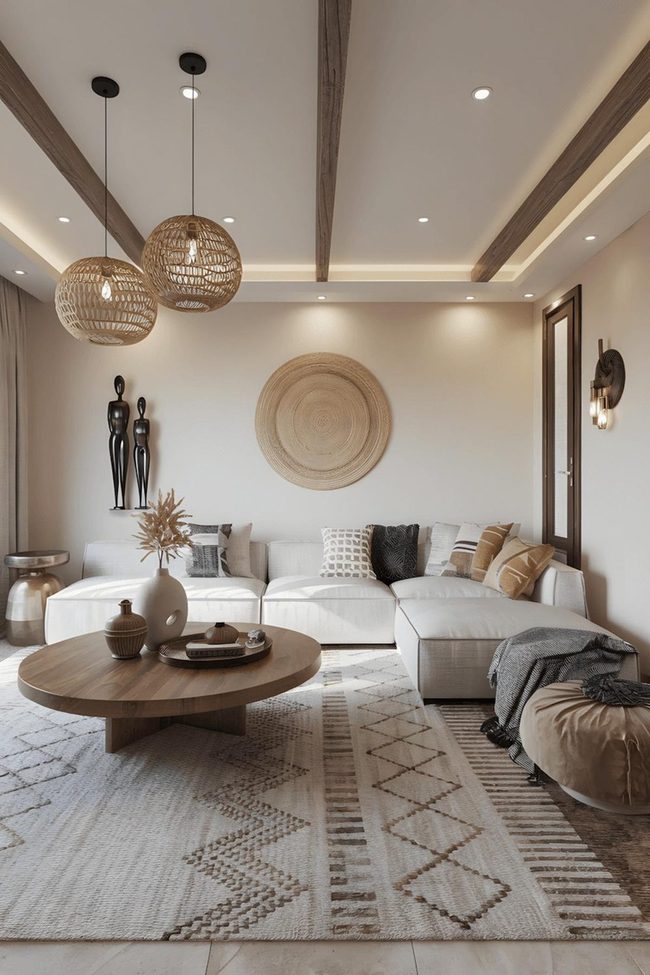 Round Timber Table With Geometric Wall Art