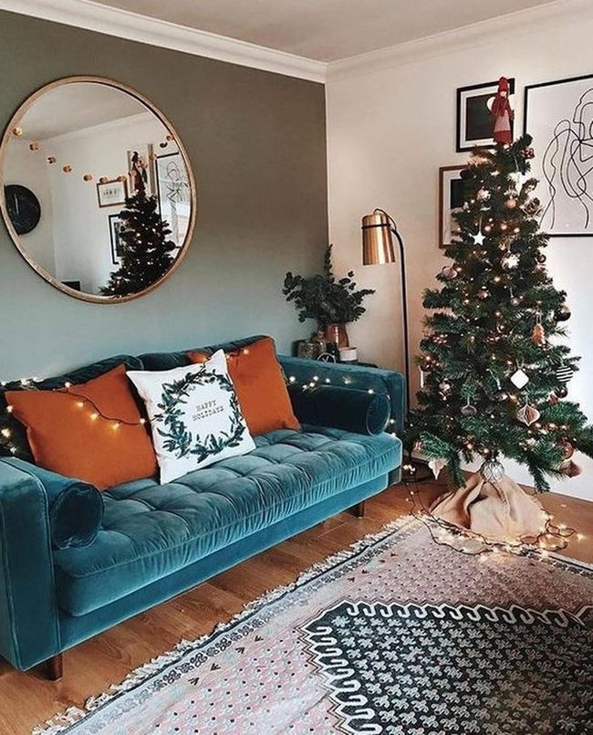 Emerald Sofa, Orange Accents, Festive Glow
